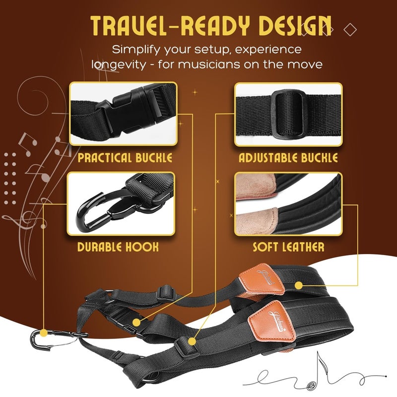 Flexzion Professional Saxophone Shoulder Strap w/Adjustable Chest Harness Design, Soft Padded Sax Holder w/Swivel Metal Hook, Musical Instrument Accessory for Alto Tenor Soprano Baritone Sax, Black - Image 2
